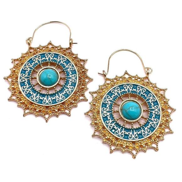 Yellow Gold with Turquoise and Blue Enamel Round Drop Hinge Hook Earrings - Picture 1 of 7